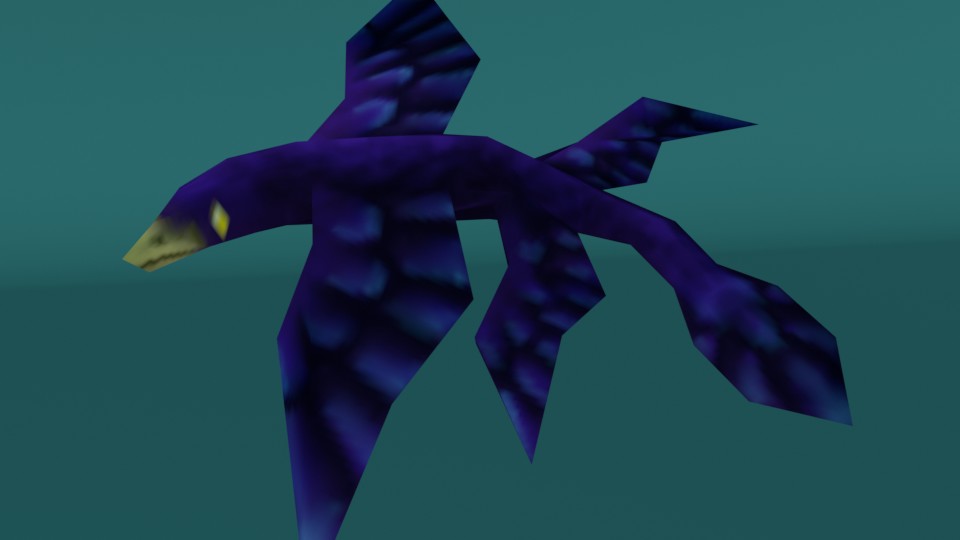 a render of a low-poly purple microraptor against a teal sky